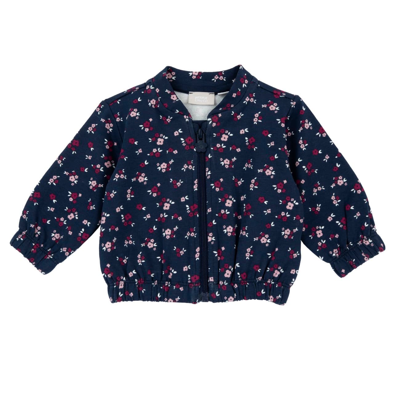 Felpa Con Zip | Chicco Felpa con zip blu da bambina Chicco in morbida felpa elasticizzata garzata, con collo a listino, chiusura zip tono su tono e cursore a forma di fiore, stampa micro fiorellini. | Chicco