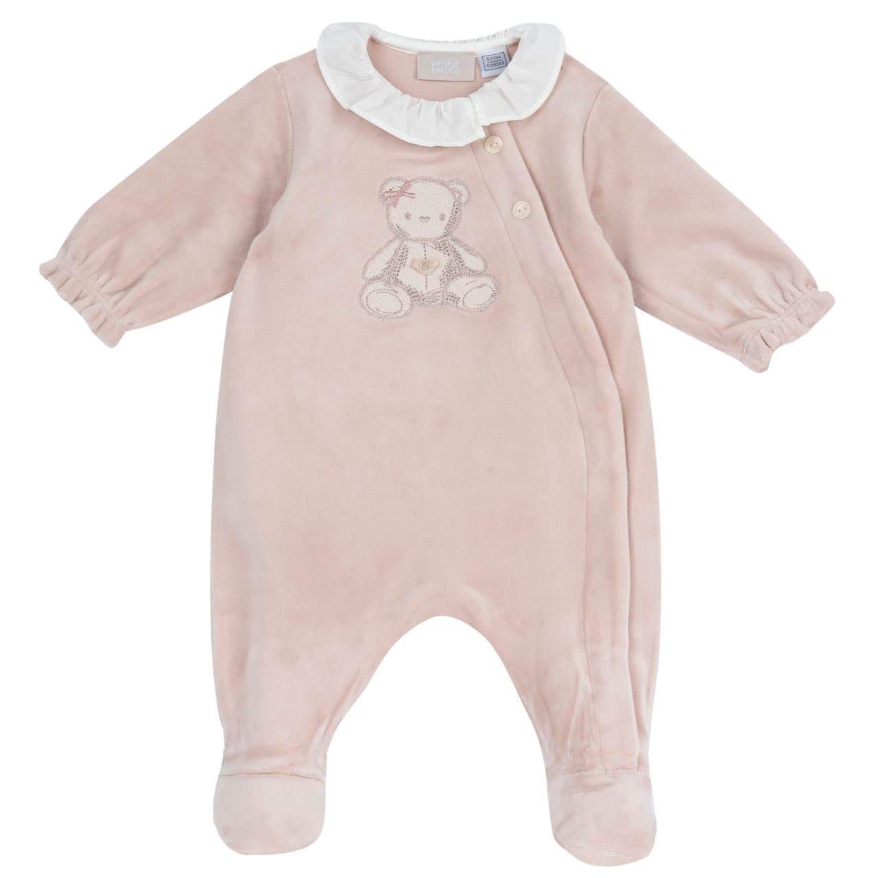 Tutina Aperta Davanti | Chicco Tutina Chicco rosa in ciniglia elasticizzata lucida per bambina, con colletto in popeline, ricamo e medaglietta madreperla, aperta davanti con bottoni automatici. | Chicco