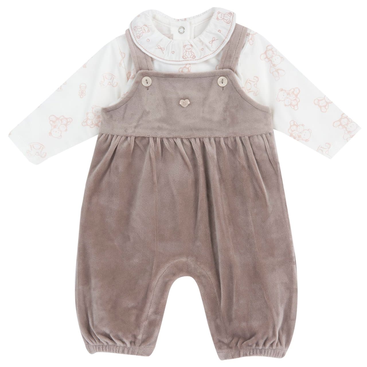 Completo Body Con Salopette Lunga | Chicco Completo Chicco per bambina con body marrone fantasia orsetti e salopette lunga in ciniglia stretch effetto lucido, certificato Oeko-Tex. | Chicco