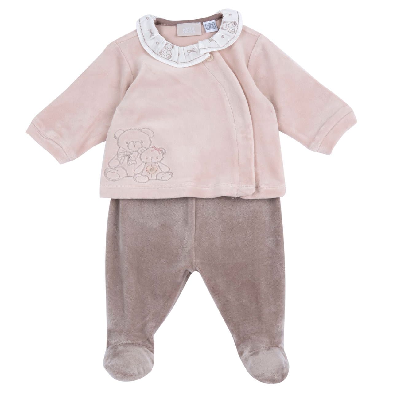 Completo Maglia E Pantaloni Con Piedini | Chicco Completo Chicco per bambina in ciniglia marrone lucida, maglia con orsetti e colletto ricamato, pantaloni con piedini, ideale autunno/inverno. | Chicco