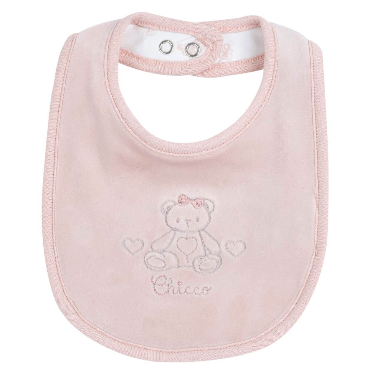 Bavaglino Con Ricamo | Chicco Bavaglino Chicco rosa in ciniglia elasticizzata con ricamo e stampa fantasia, ideale per bambina autunno/inverno, con chiusura automatica regolabile. | Chicco