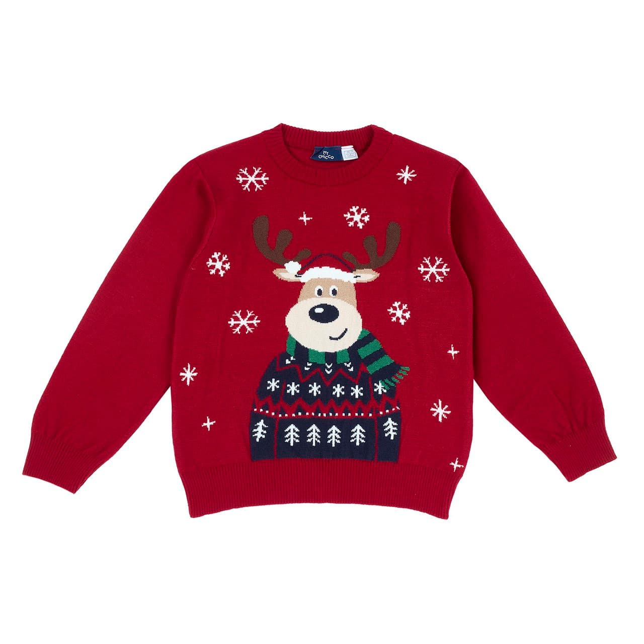 Maglione Natale | Chicco Maglione natalizio Chicco rosso in maglia jacquard con motivo renna, ideale per bambino e disponibile in varie taglie. | Chicco