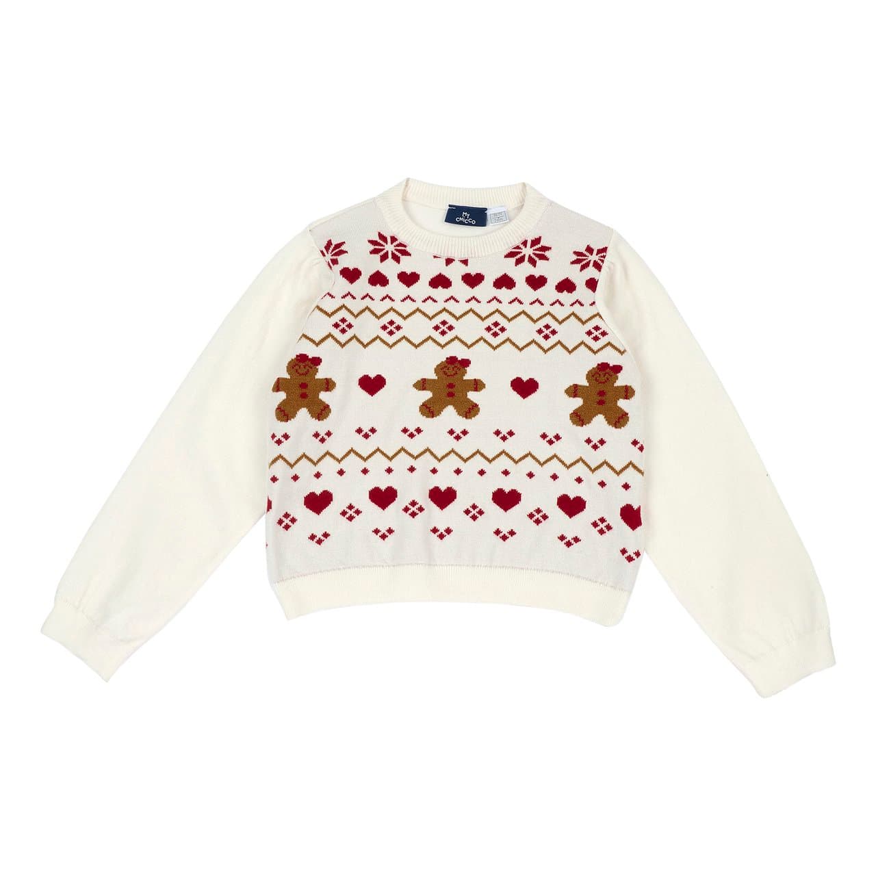 Maglione Natale | Chicco Maglione girocollo Chicco bianco per bambina con motivi jacquard natalizi sul davanti e chiusura posteriore con bottone effetto madreperla. | Chicco