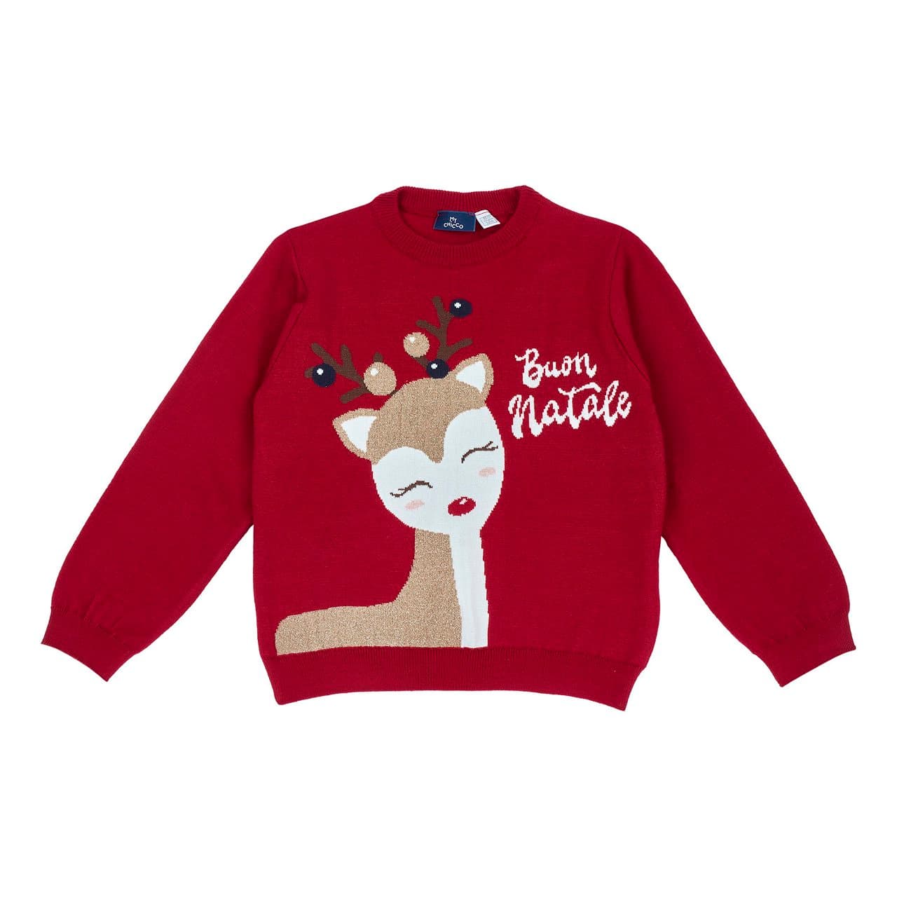Maglione Natale | Chicco Maglione girocollo natalizio Chicco rosso per bambina con motivo jacquard di renna sul davanti, ideale per autunno/inverno. | Chicco