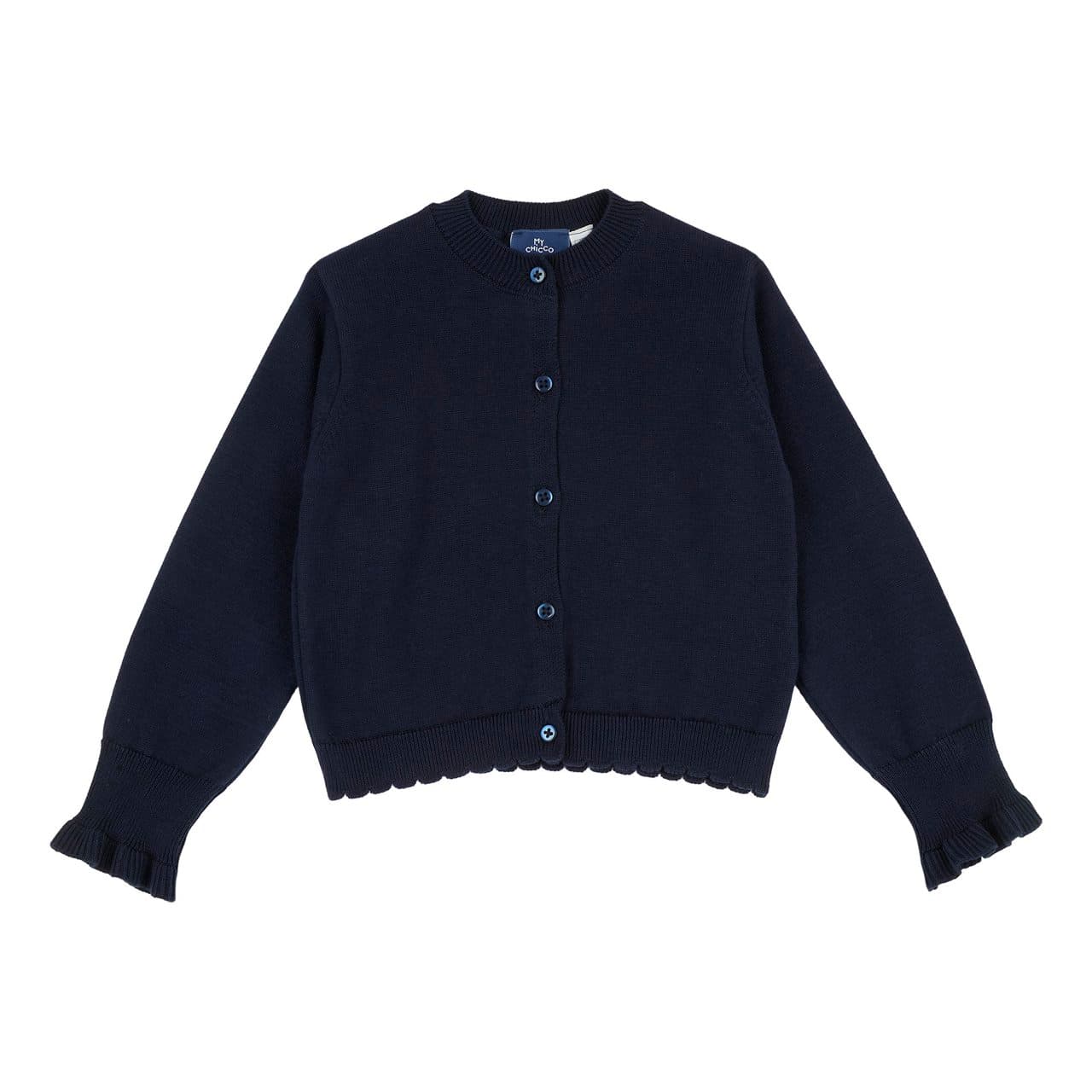 Cardigan In Maglia | Chicco Cardigan in maglia Chicco blu per bambina, 100% cotone caldo, con bordo a smerlo, ruches ai polsi e bottoni madreperla. | Chicco