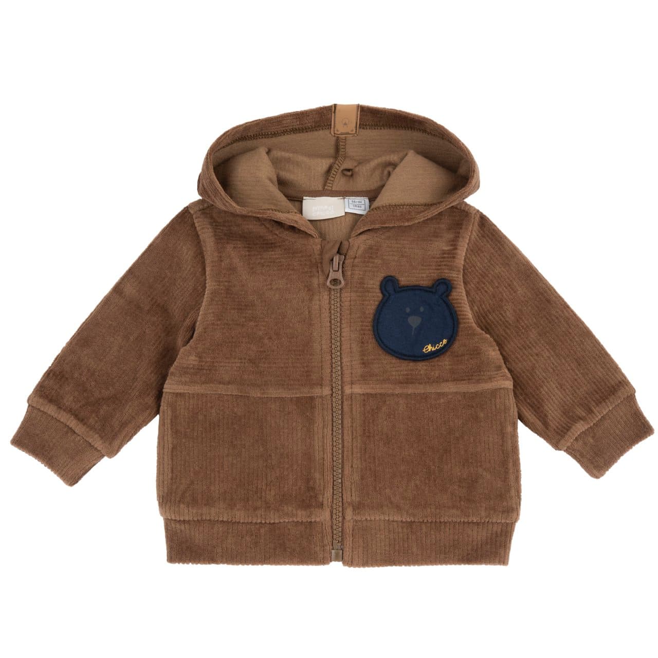Cardigan Aperto Con Zip E Cappuccio | Chicco Cardigan aperto marrone in ciniglia effetto velluto con zip e cappuccio Chicco per bambino, applicazione orsetto sul petto, misto cotone. | Chicco