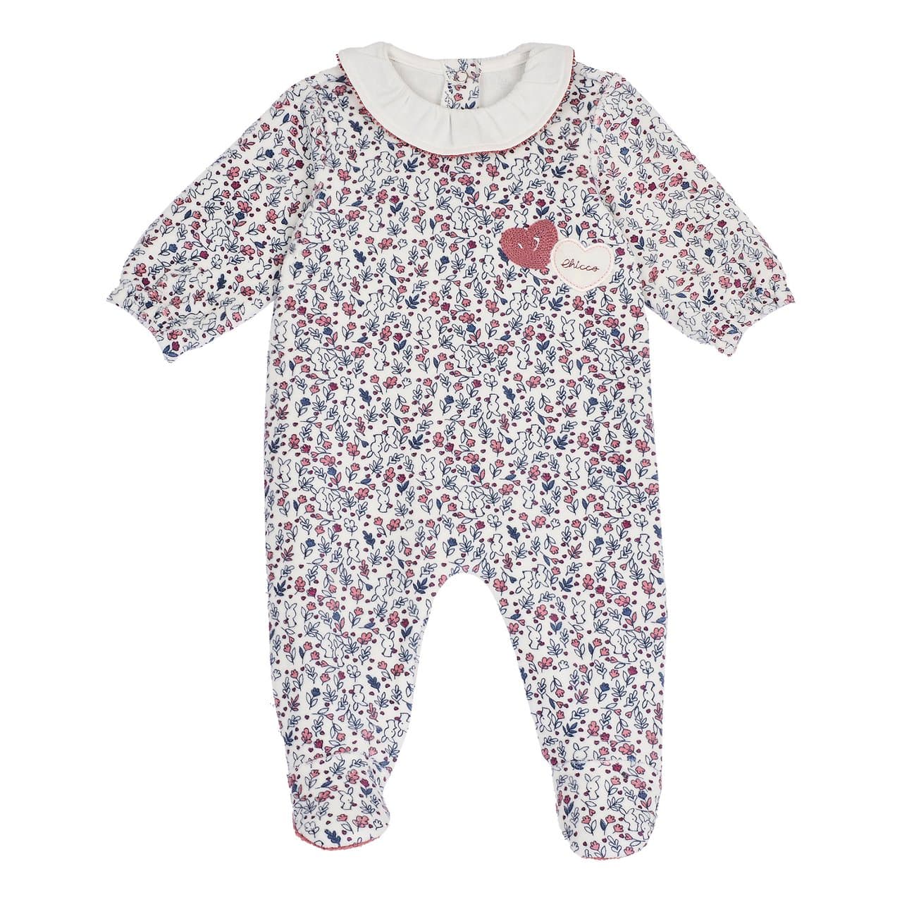 Tutina Aperta Interno Gamba | Chicco Tutina Chicco per bambina in ciniglia beige con fantasia floreale, collo volant bianco e nastro decorativo, ideale per autunno/inverno. | Chicco