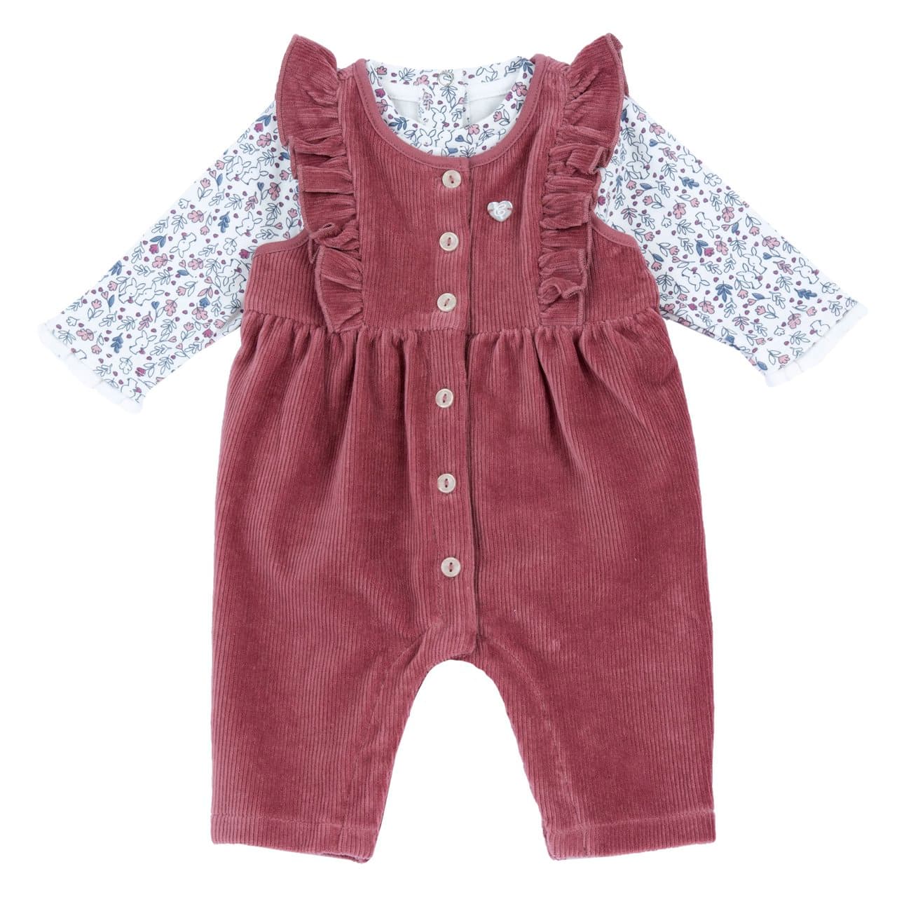 Completo Body Con Salopette Lunga | Chicco Completo body rosa in interlock con stampa fantasia e salopette lunga in ciniglia a coste per bambina Chicco, con dettagli effetto madreperla. | Chicco