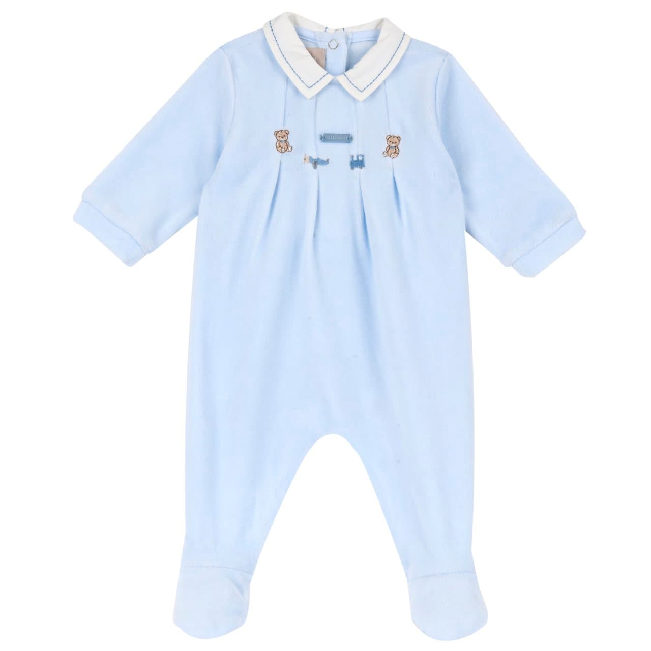 Tutina Aperta Dietro | Chicco Tutina Chicco azzurra in ciniglia per neonato, con colletto ricamato in popeline di cotone e grafica applicata. | Chicco