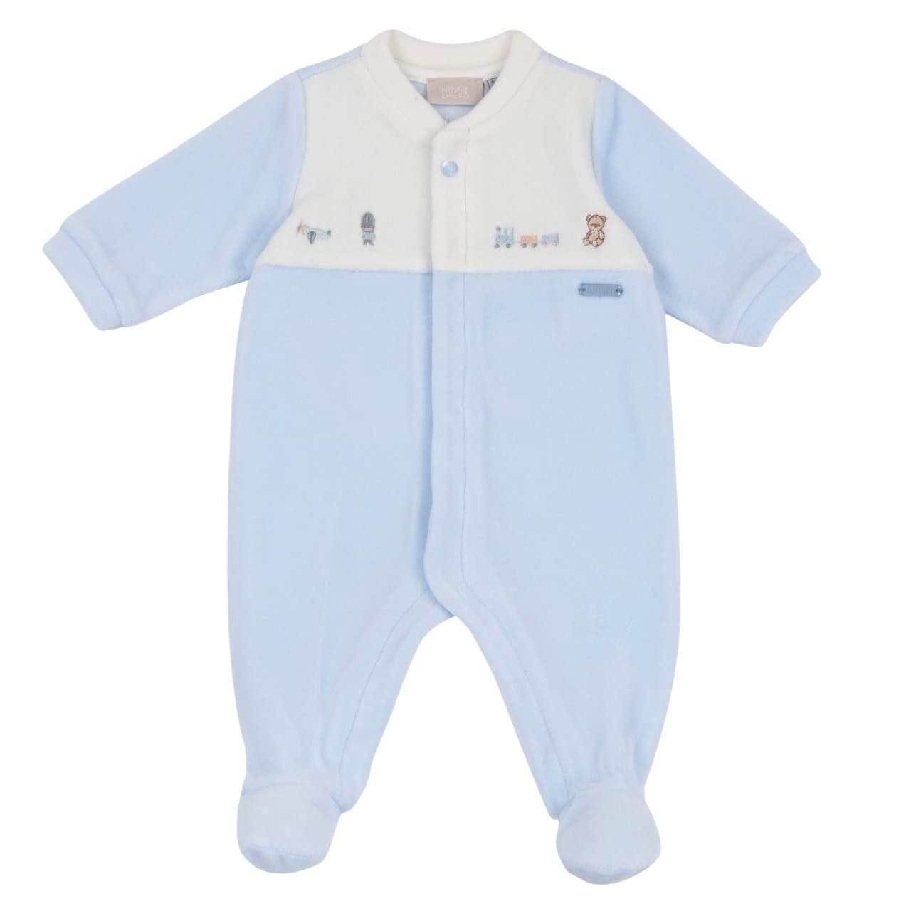 Tutina Aperta Davanti | Chicco Tutina Chicco azzurra in ciniglia per neonato, aperta davanti con bottoncini automatici, grafica ricamata e stampa antiscivolo sotto i piedini. | Chicco