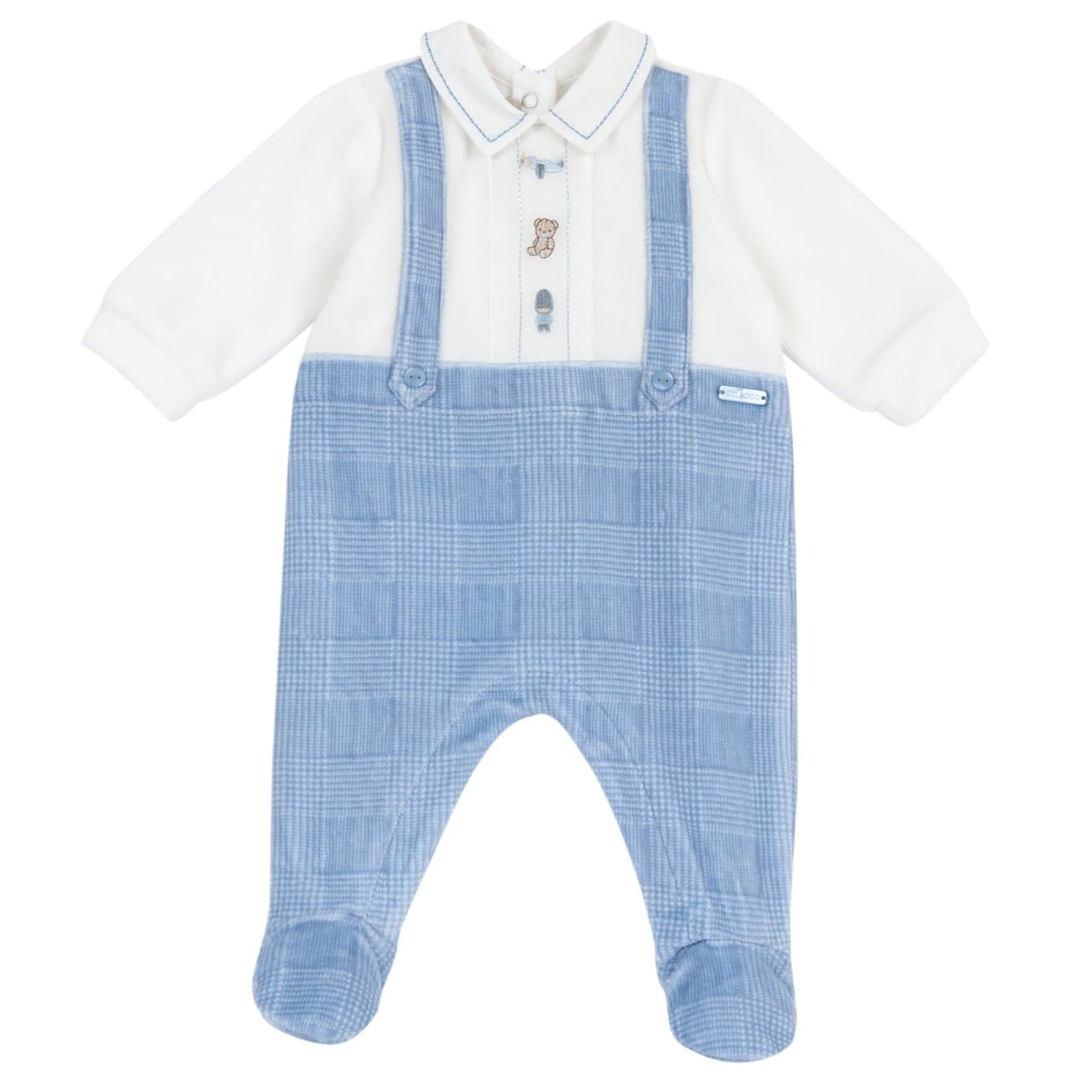 Tutina Aperta Interno Gamba | Chicco Tutina azzurra in ciniglia Chicco per neonato con colletto ricamato, grafica e medaglietta madreperla, apertura interna gamba e retro. | Chicco