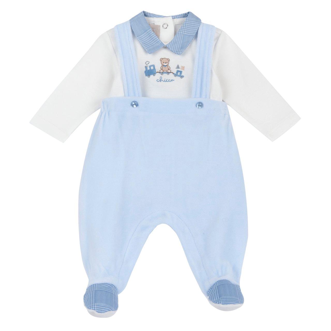 Completo Body Con Salopette Lunga | Chicco Completo body azzurro a manica lunga con colletto e salopette lunga con piedini Chicco, stampa Principe di Galles e ricamo grafico, Oeko-Tex. | Chicco