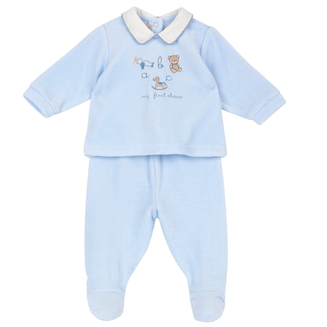 Completo Maglia E Pantaloni Con Piedini | Chicco Completo coprifasce Chicco azzurro in ciniglia per neonato, maglia con colletto in popeline e ricamo, pantaloni jacquard con piedini, ideale autunno/inverno. | Chicco