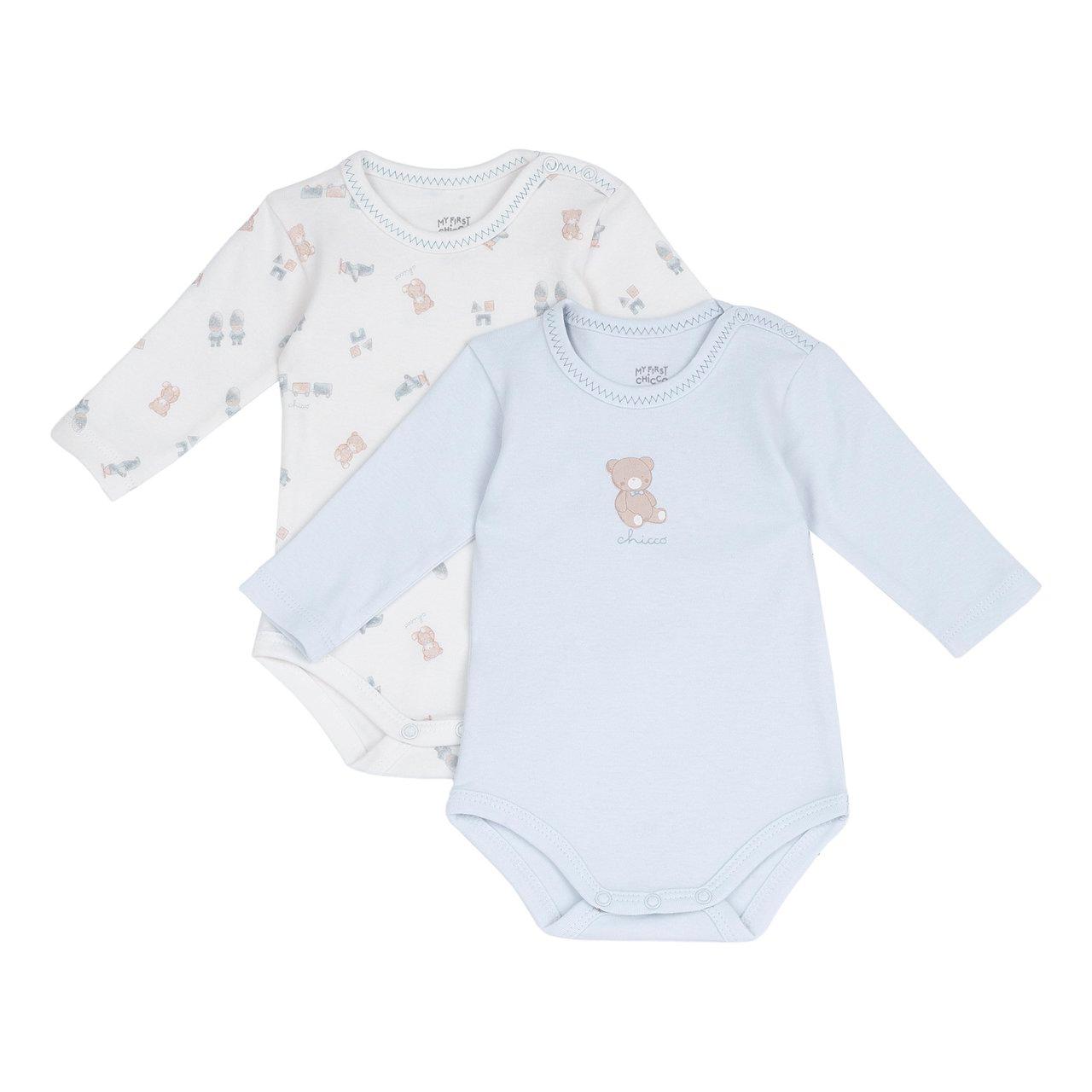 Set Body Intimo | Chicco Set 2 body intimo Chicco azzurro a manica lunga per neonato in morbido tessuto interlock con stampe fantasia e grafiche, chiusura bottoni automatici e trattamento antibatterico Silvadur. | Chicco