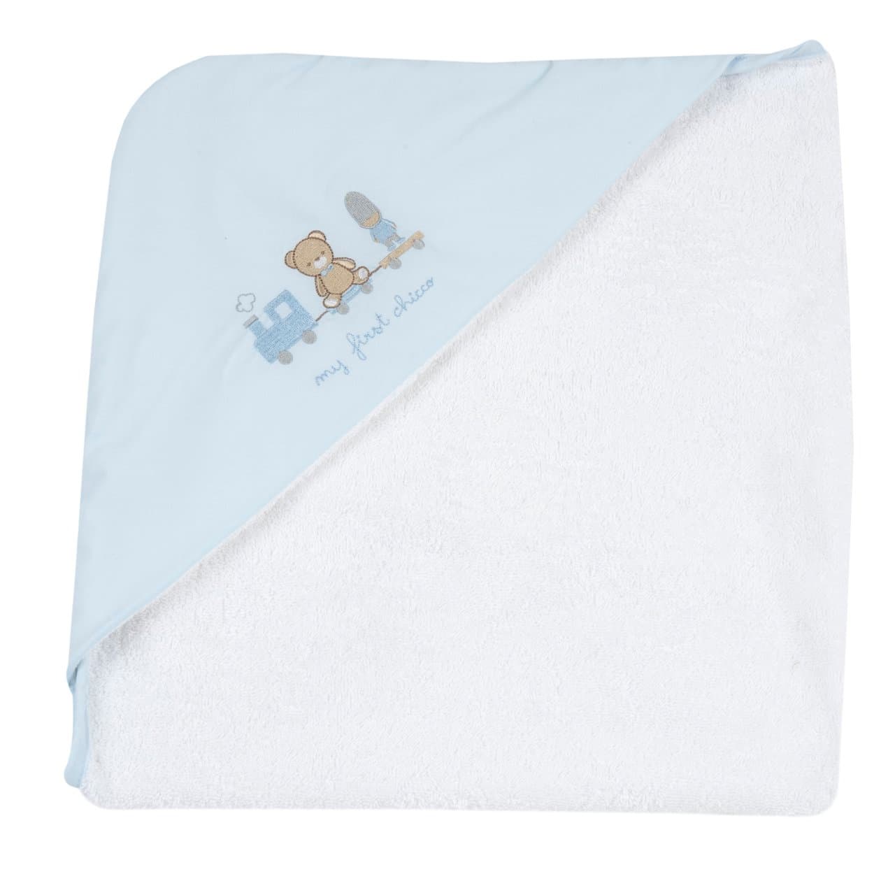 Accappatoio | Chicco Accappatoio quadrato Chicco azzurro in spugna di cotone per neonato, con grafica ricamata e certificazione Oeko-Tex, ideale per l'autunno/inverno. | Chicco