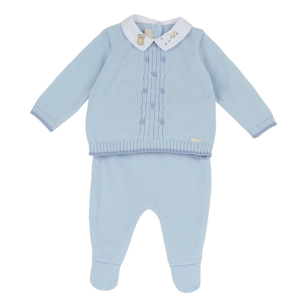 Completo Maglia E Pantaloni Con Piedini | Chicco Completo maglia azzurra in pura lana con piedini Chicco per neonato, dettagli ricamati e medaglietta madreperla, ideale per autunno/inverno. | Chicco