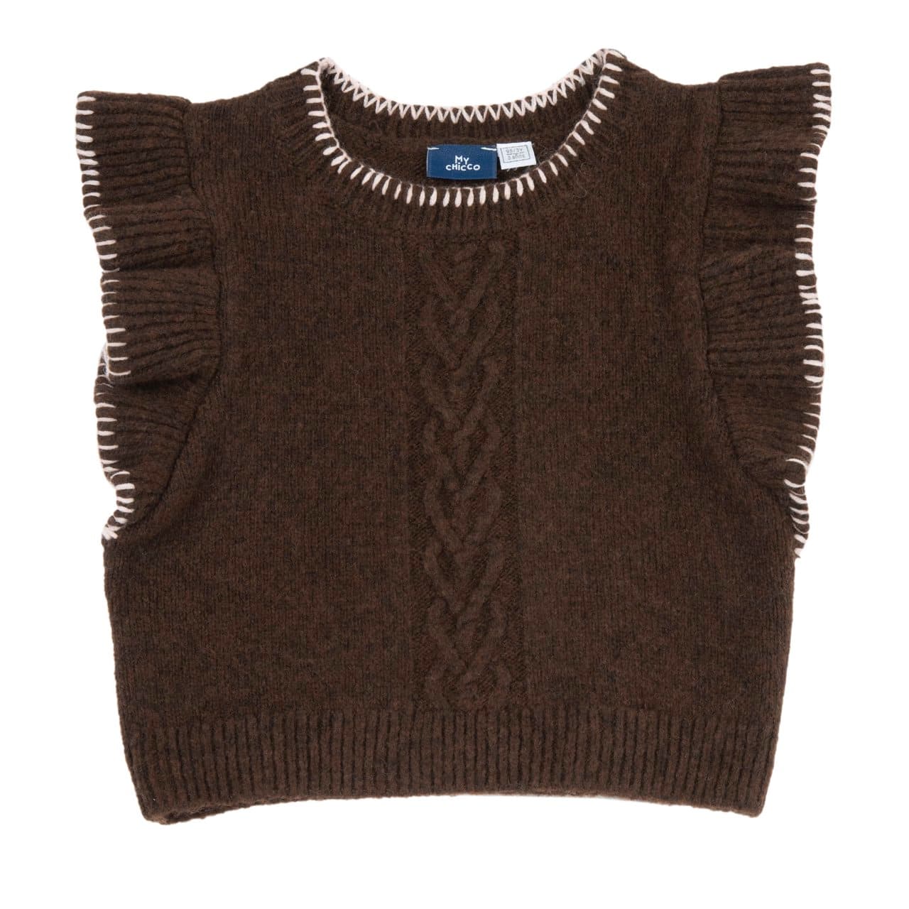 Gilet In Maglia | Chicco Gilet in maglia marrone Chicco per bambina con lavorazione a trecce, volant ai giromanica e dettagli a contrasto su collo. | Chicco