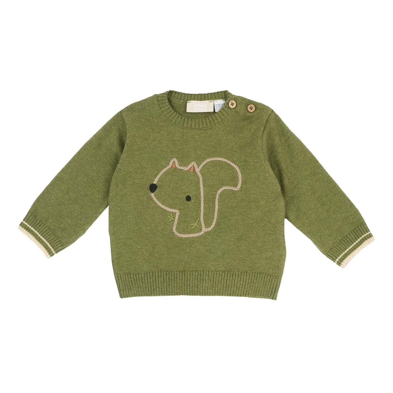 Maglione Girocollo | Chicco Maglione girocollo Chicco verde in filato mélange cotone e lana, con scoiattolo ricamato e bottoni effetto legno, per neonato e bambino. | Chicco