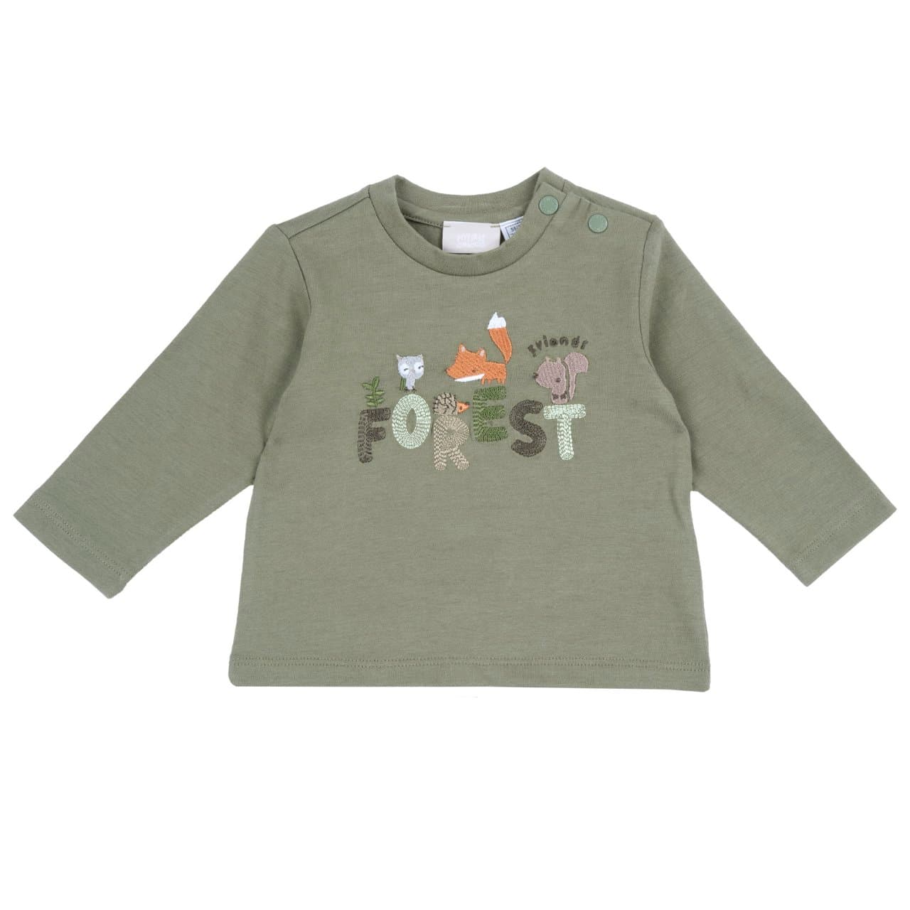 Maglietta Manica Lunga | Chicco Maglietta a manica lunga Chicco verde in jersey 100% cotone per bambino, con ricamo frontale di animaletti del bosco e apertura sulla spalla con bottoni automatici. | Chicco