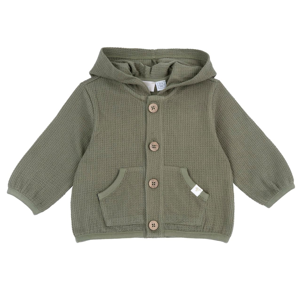 Cardigan Con Cappuccio | Chicco Cardigan con cappuccio Chicco verde in maglia a trecce per bambino, con bottoni effetto legno e stampa scoiattolo lamina. | Chicco