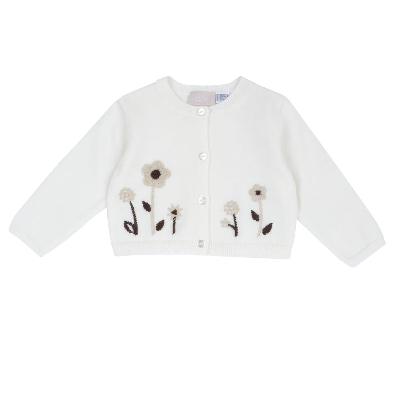 Cardigan In Maglia | Chicco Cardigan in maglia bianco Chicco per bambina con ricamo floreale in rilievo sul fondo e bottoncini effetto madreperla. | Chicco