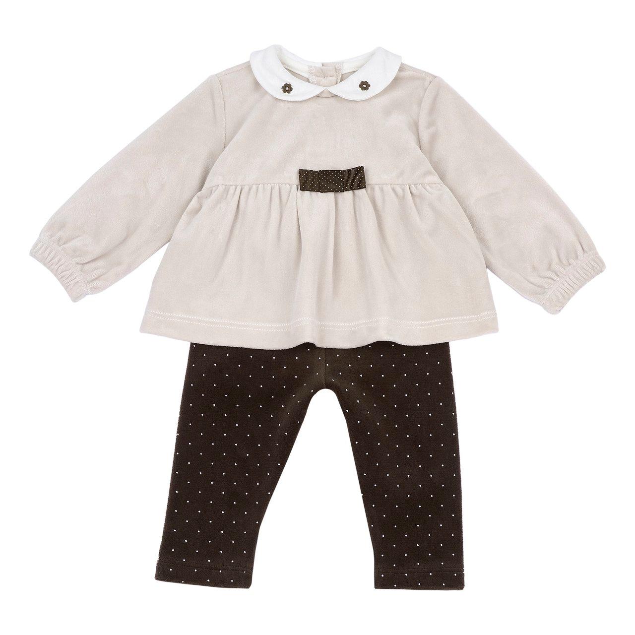 Completo Maglia Con Leggings | Chicco Completo Chicco per bambina in marrone, composto da maglia in velluto liscio con colletto baby e ricamo floreale, abbinato a leggings in ciniglia elasticizzata con stampa a micro pois. | Chicco