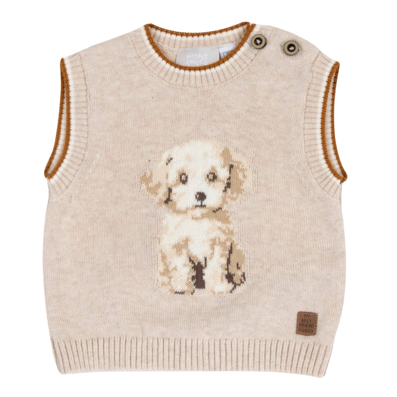 Gilet In Maglia | Chicco Gilet in maglia Chicco bianco per bambino con lavorazione a intarsio frontale effetto fotografico, bottoni effetto legno e apertura sulla spalla. | Chicco