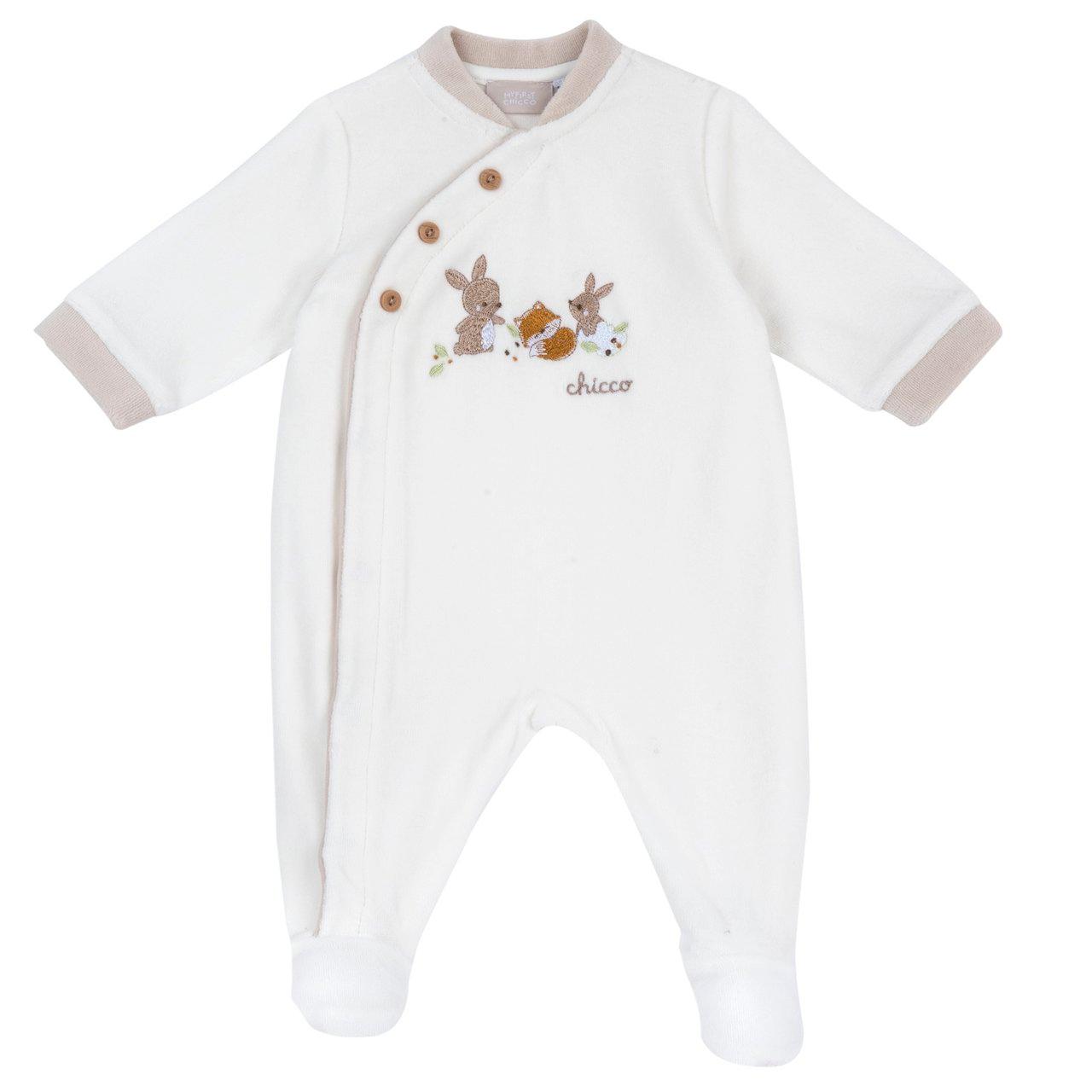 Tutina Aperta Davanti | Chicco Tutina neonato Chicco unisex in ciniglia bianca, con apertura frontale a bottoncini automatici, grafica ricamata e bottoni decorativi effetto legno. | Chicco