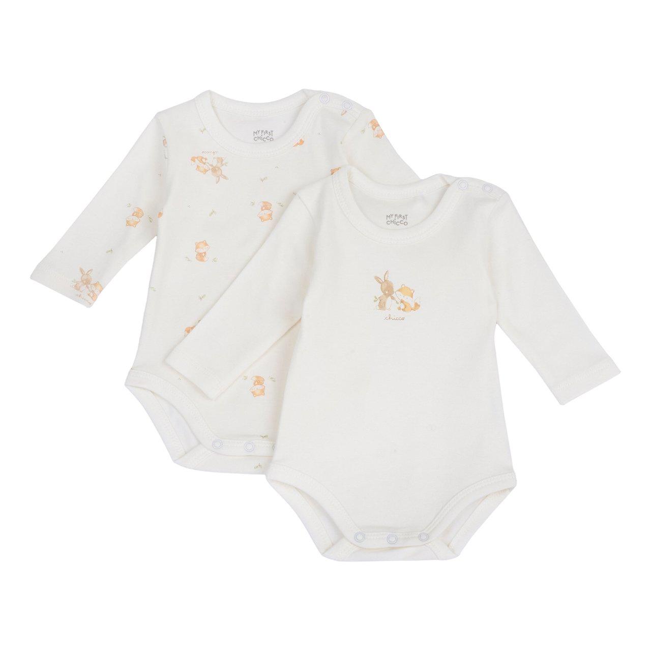 Set Body Intimo | Chicco Set 2 body intimo neonato Chicco manica lunga unisex bianco con stampa fantasia, in morbido tessuto interlock antibatterico Silvadur. | Chicco