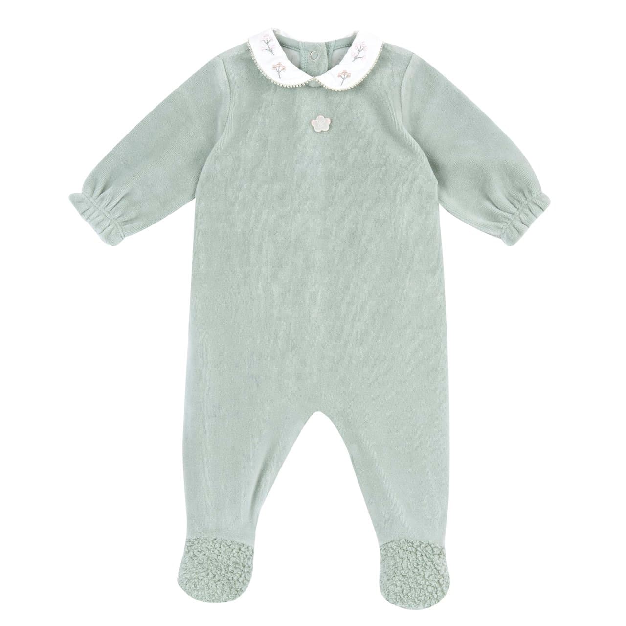 Tutina Aperta Dietro | Chicco Tutina Chicco verde in ciniglia per bambina, con colletto in popeline di cotone ricamato e inserti in bouclé, chiusura posteriore con bottoni automatici. | Chicco