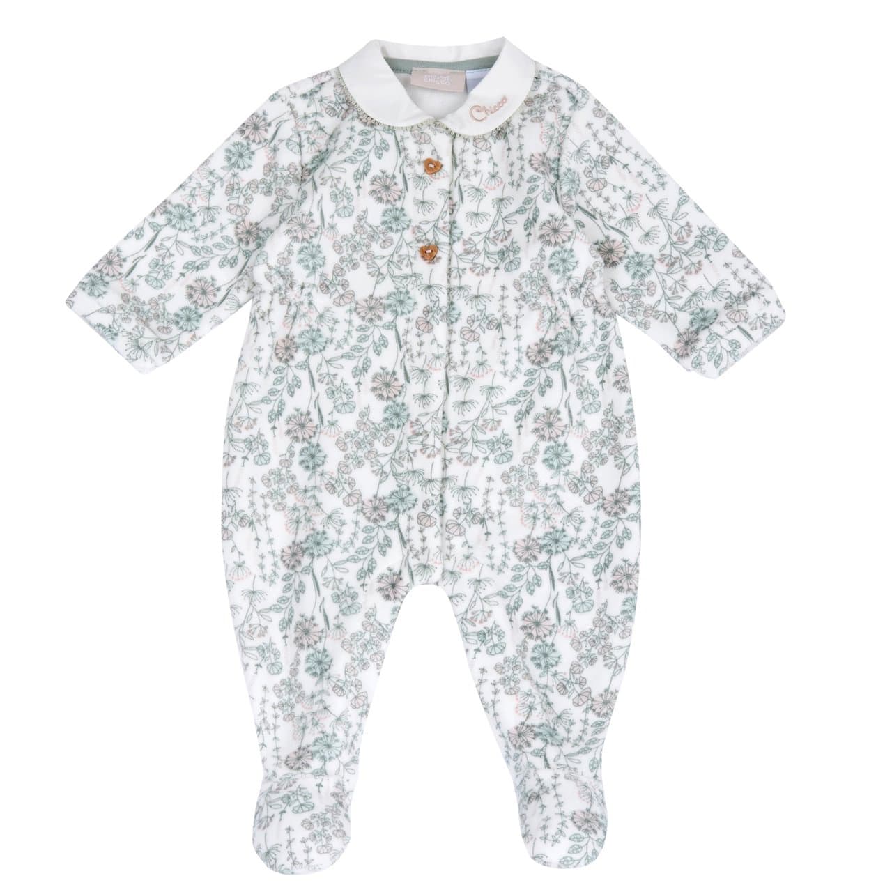 Tutina Aperta Davanti | Chicco Tutina aperta davanti Chicco per bambina in ciniglia beige con colletto ricamato, fantasia a fiorellini e bottoncini effetto legno, ideale per autunno/inverno. | Chicco