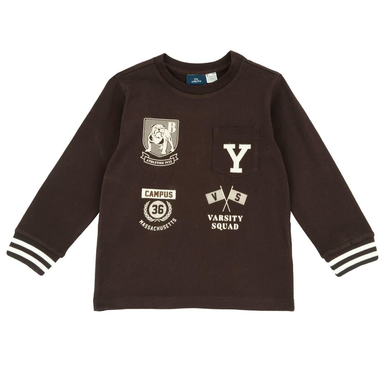 Maglietta Manica Lunga | Chicco Maglietta a manica lunga Chicco marrone in jersey 100% cotone per bambino, con grafica college, taschino e bottoni automatici sulla spalla. | Chicco