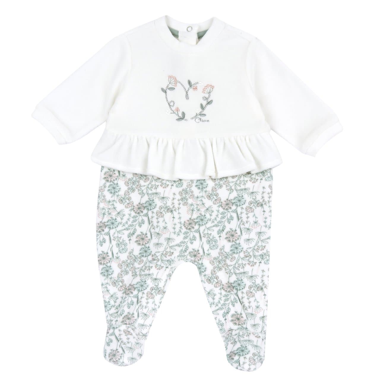 Tutina Aperta Interno Gamba | Chicco Tutina aperta interno gamba Chicco per neonata in ciniglia beige con stampa a fiorellini e grafica ricamata, ideale per autunno/inverno. | Chicco