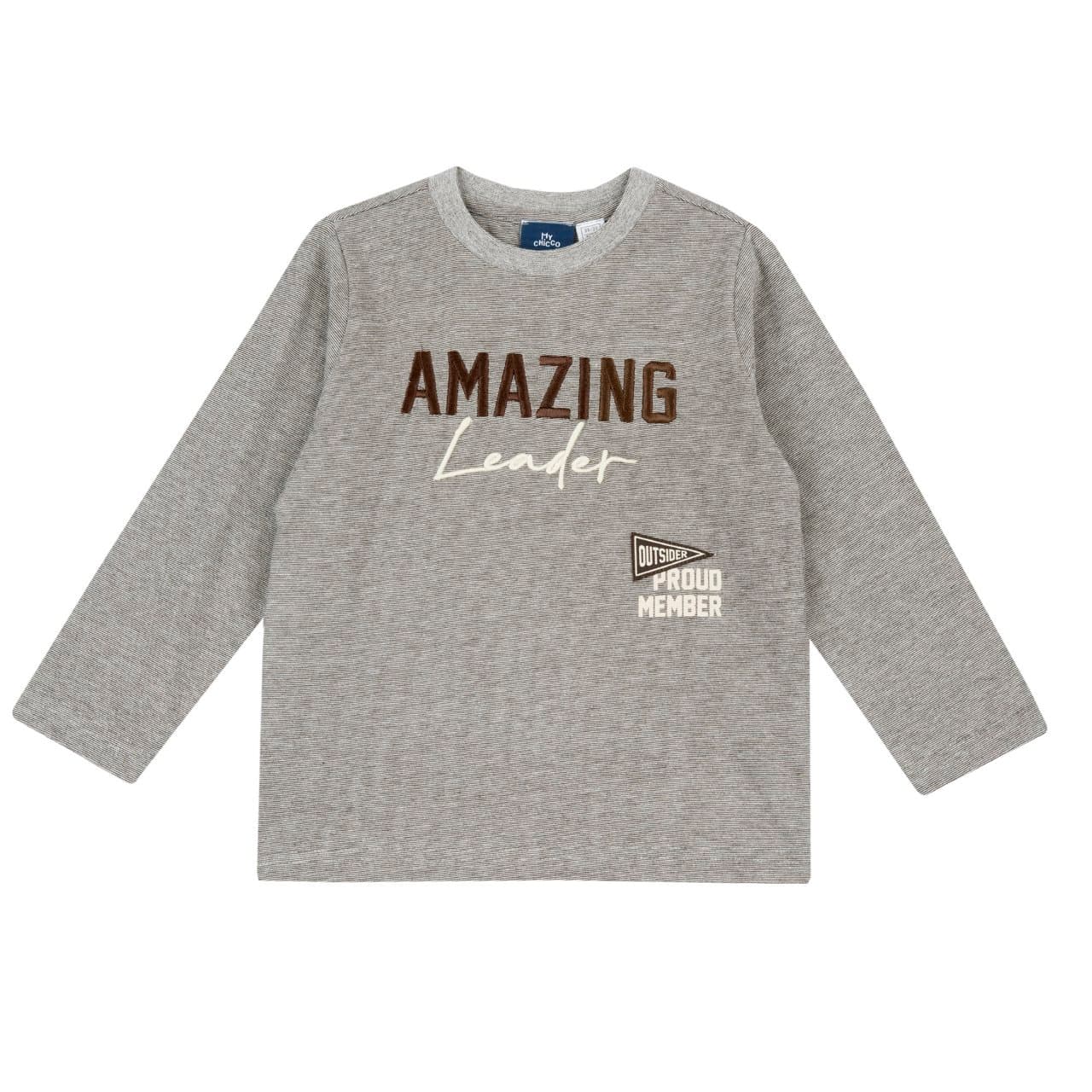 Maglietta Rigata | Chicco Maglietta a manica lunga Chicco per bambino in cotone tinto filo a righe bianche, con grafica ricamata frontale e chiusura a bottoni sulla spalla. | Chicco