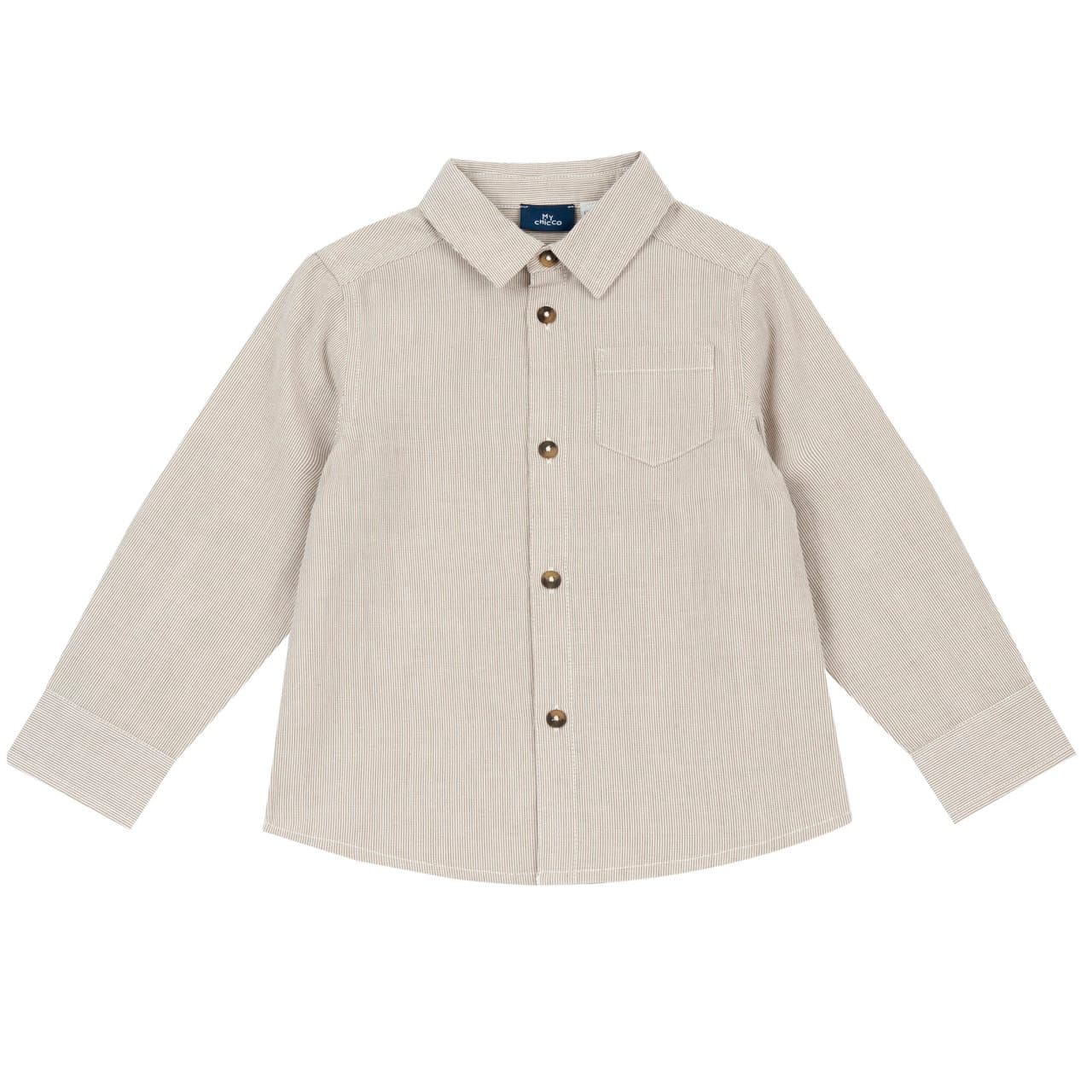 Camicia Manica Lunga Rigata | Chicco Camicia a manica lunga rigata Chicco per bambino in popeline 100% cotone tinto filo, colore marrone, con chiusura a bottoni effetto tartaruga. | Chicco