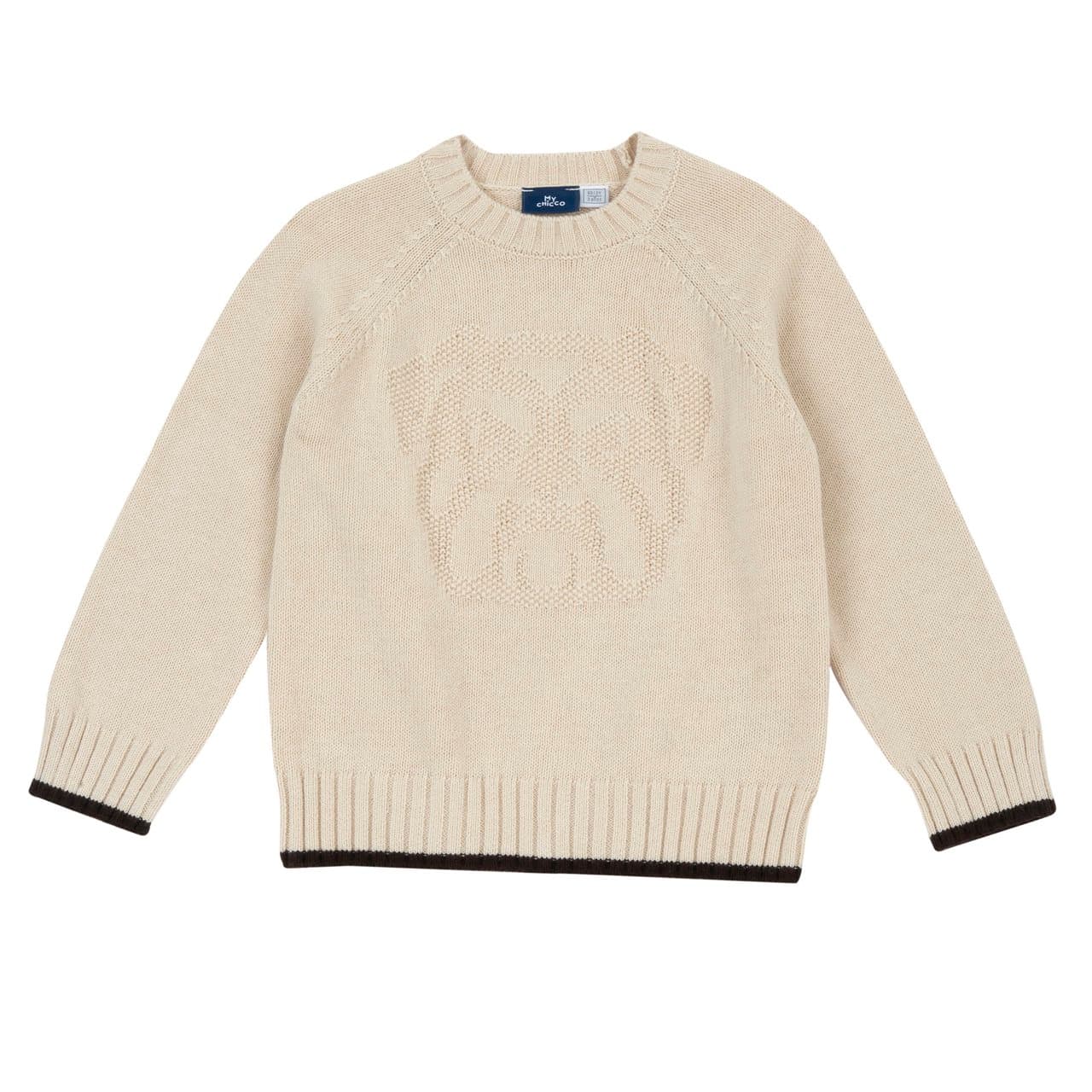 Maglione Girocollo | Chicco Maglione girocollo Chicco bianco in misto cotone, poliammide e lana con grafica jacquard frontale a grana di riso e bordi a contrasto. | Chicco
