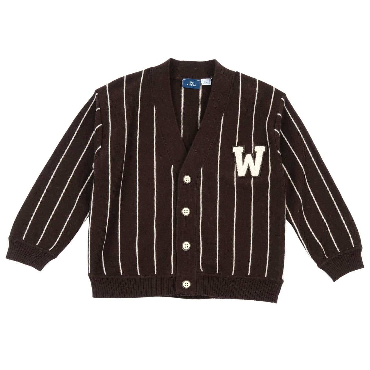 Cardigan In Maglia Rigato | Chicco Cardigan in maglia rigato Chicco marrone per bambino, con bottoni a contrasto e ricamo effetto spugna sul petto. | Chicco