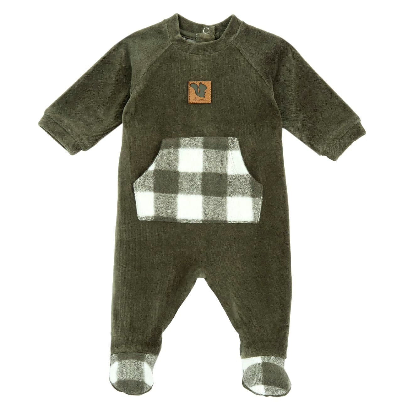 Tutina Aperta Dietro | Chicco Tutina Chicco verde in ciniglia per neonato, con motivo a quadri e chiusura posteriore a bottoni automatici, ideale per autunno/inverno. | Chicco