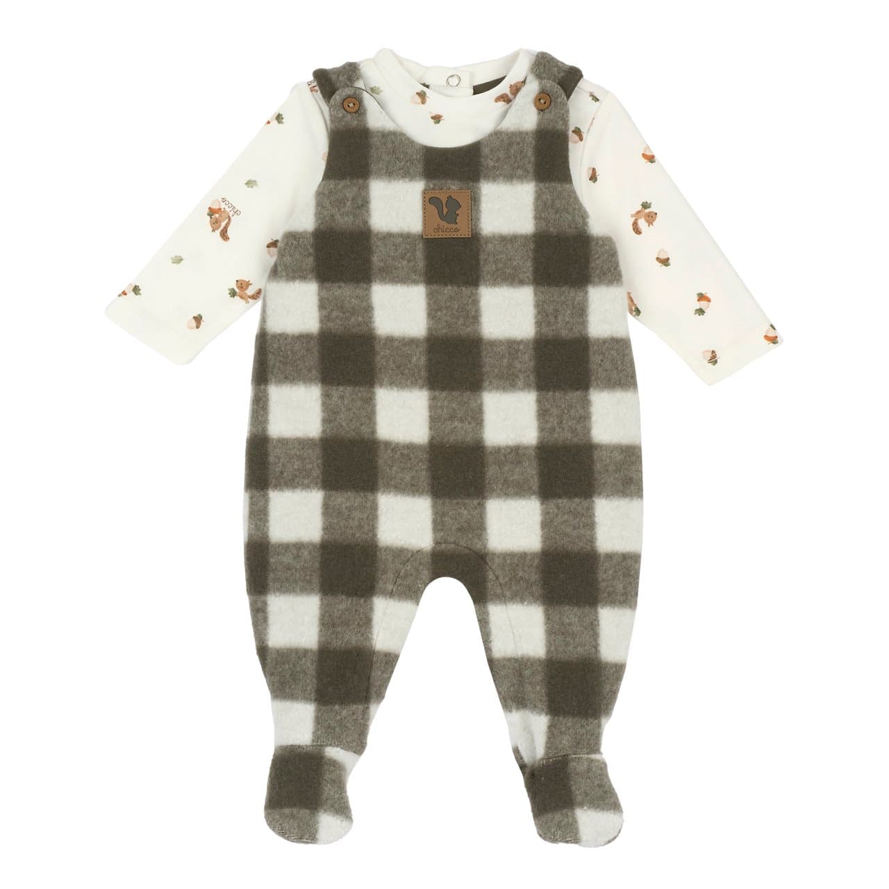 Completo Body Con Salopette Lunga | Chicco Completo body a manica lunga bianco con stampa fantasia e salopette lunga a quadretti con bottoncini effetto legno per neonato Chicco, ideale per autunno/inverno. | Chicco