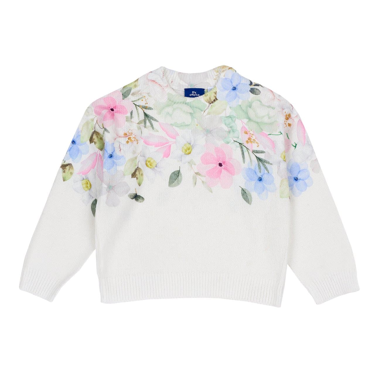 Maglione Girocollo | Chicco Maglione girocollo Chicco da bambina in poliestere bianco con stampa floreale effetto acquerello e bottoni madreperla sul retro per la taglia 18 mesi. | Chicco