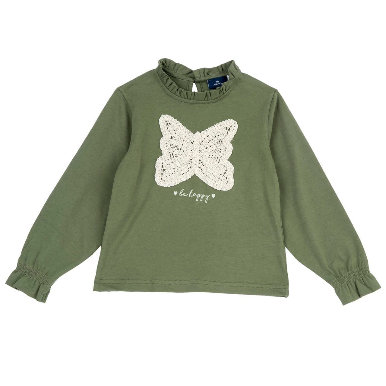 Maglietta Manica Lunga | Chicco Maglietta a manica lunga Chicco verde per bambina in jersey caldo di cotone elasticizzato, con applicazione a farfalla in macramè e scritta stampata. | Chicco