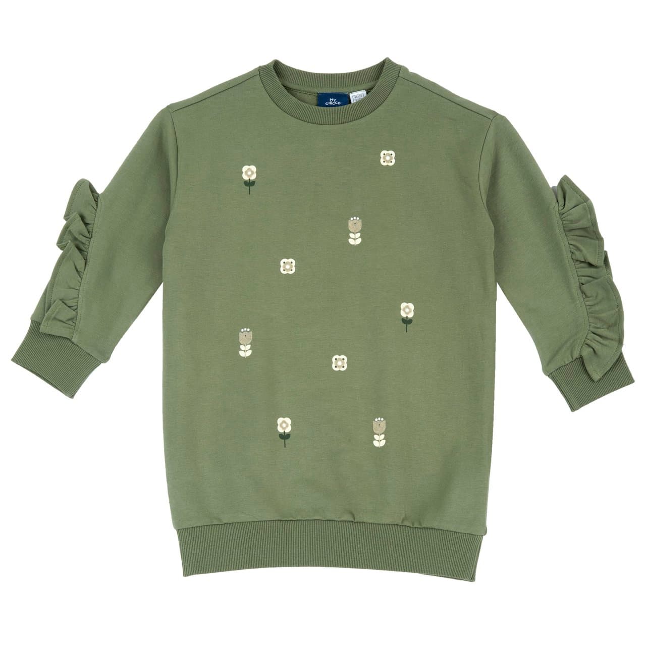 Vestito Manica Lunga | Chicco Vestito verde a manica lunga Chicco per bambina in felpa elasticizzata di cotone con volant sulle maniche e fiorellini stampati, ideale per autunno/inverno. | Chicco