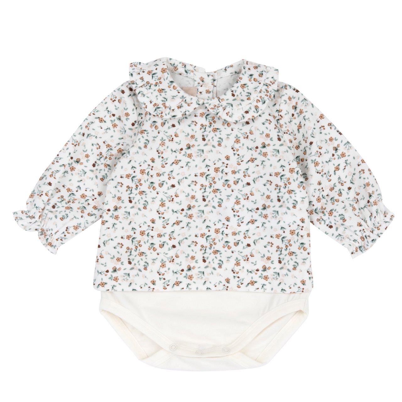 Body Camicia Manica Lunga | Chicco Body camicia manica lunga Chicco beige in velluto a coste duemila righe con stampa a fiorellini e inserti in jersey elasticizzato per bambina. | Chicco
