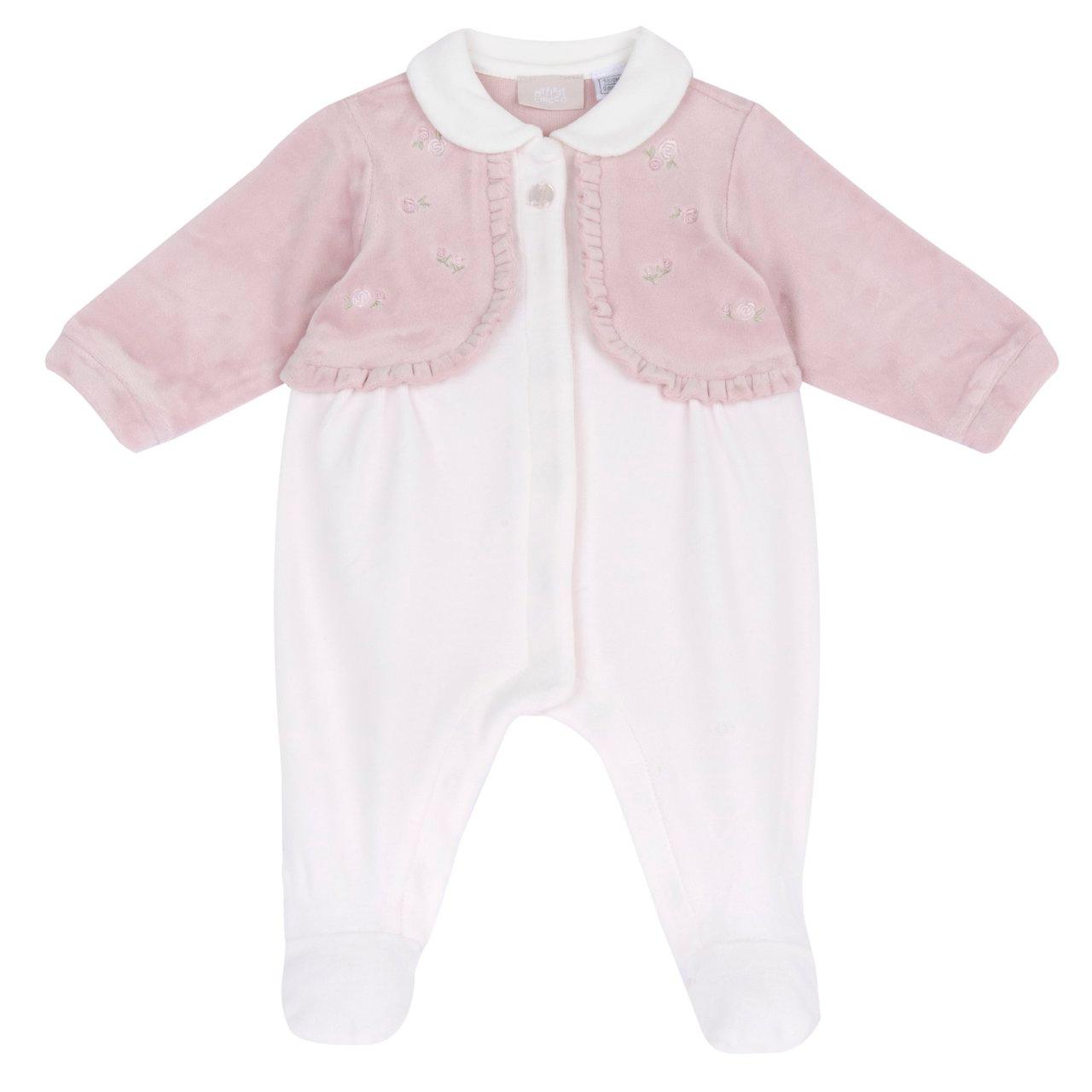 Tutina Aperta Davanti | Chicco Tutina aperta davanti Chicco rosa in ciniglia elasticizzata lucida per bambina, con effetto cardigan, grafica ricamata e medaglietta madreperla. | Chicco
