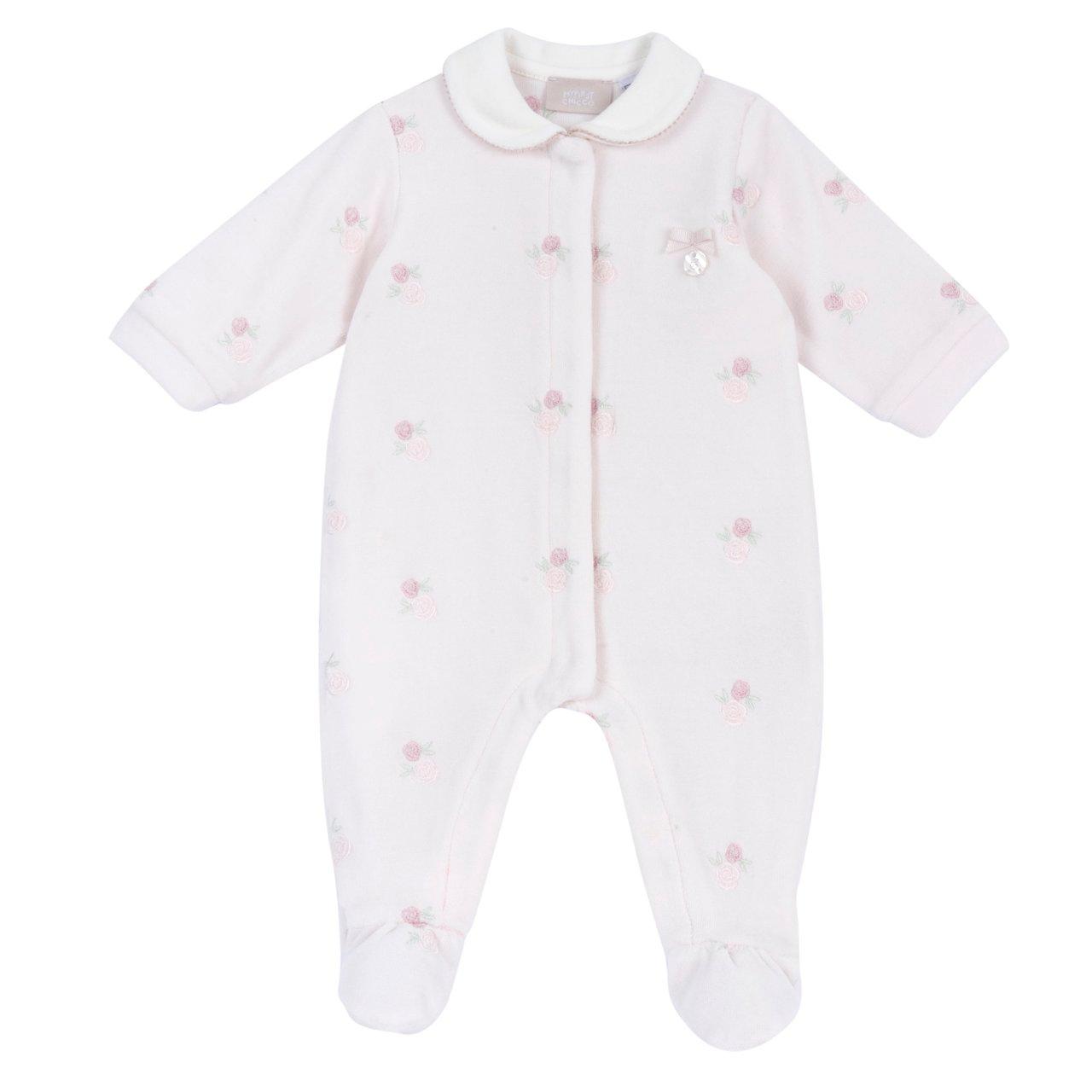 Tutina Aperta Davanti | Chicco Tutina aperta davanti Chicco in ciniglia rosa per bambina, con fiori ricamati, colletto decorato e fiocco, ideale per autunno/inverno. | Chicco