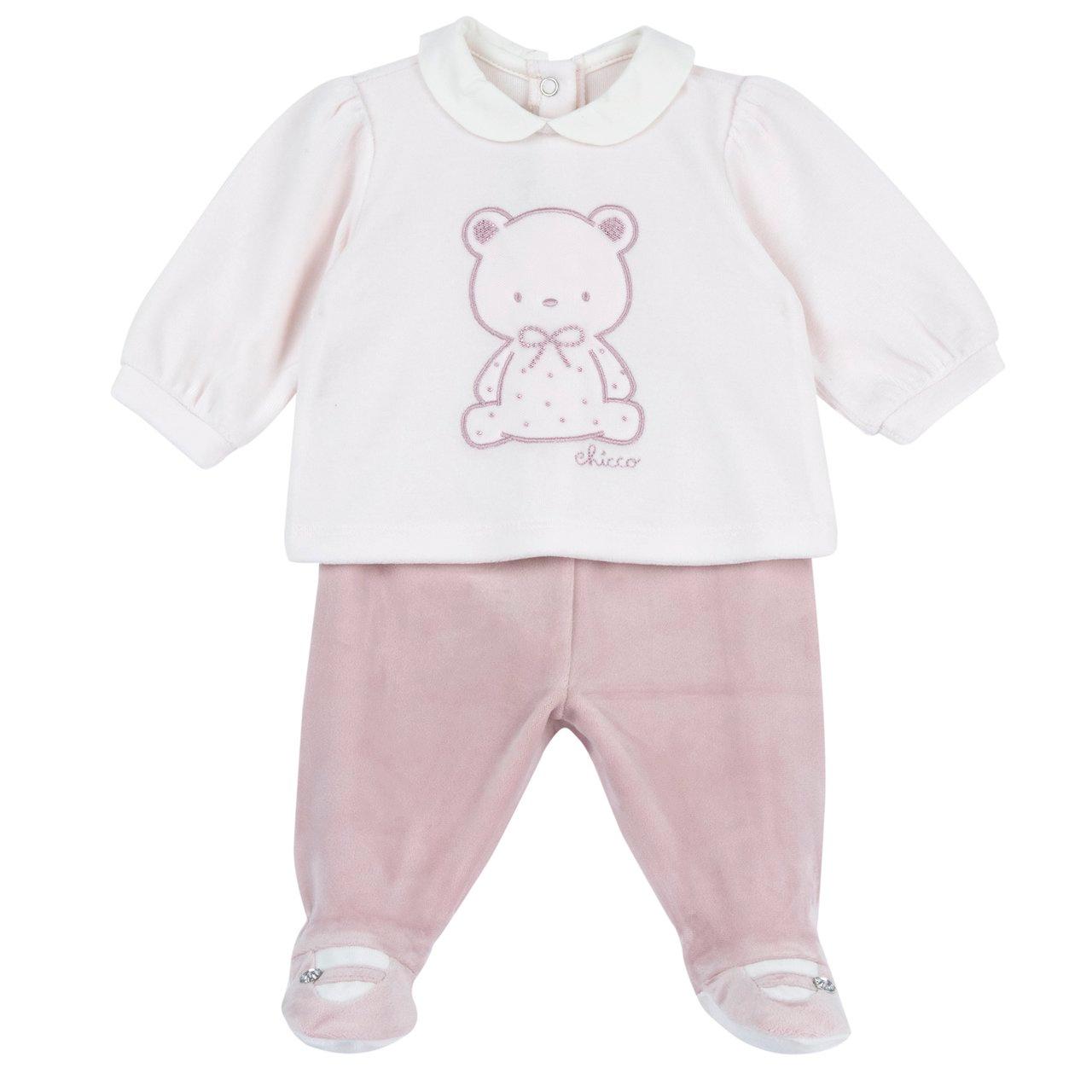 Completo Maglia E Pantaloni Con Piedini | Chicco Completo Chicco per bambina in ciniglia rosa, con maglia ricamata e applicazioni strass, pantaloni con piedini effetto scarpina e bottone gioiello, ideale per autunno/inverno. | Chicco
