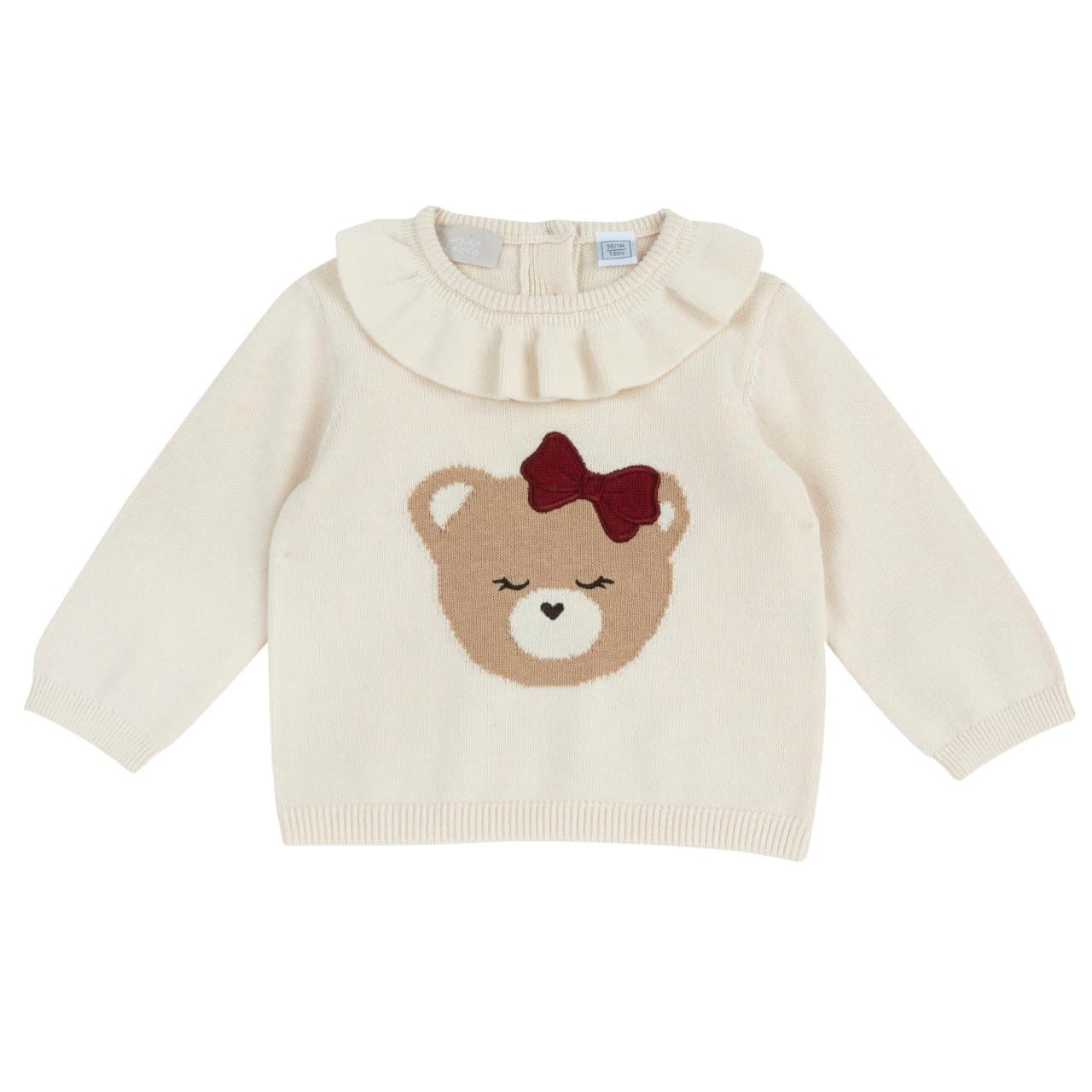 Maglione Con Orsetto | Chicco Maglione bianco girocollo da bambina Chicco in 100% cotone con orsetto ricamato jacquard e collo a corolla. | Chicco