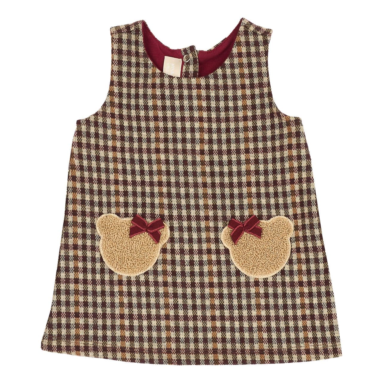 Vestito Scamiciato | Chicco Vestito scamiciato smanicato Chicco per bambina in maglia elasticizzata a quadretti marrone, con ricamo orsetto e fiocchetti. | Chicco