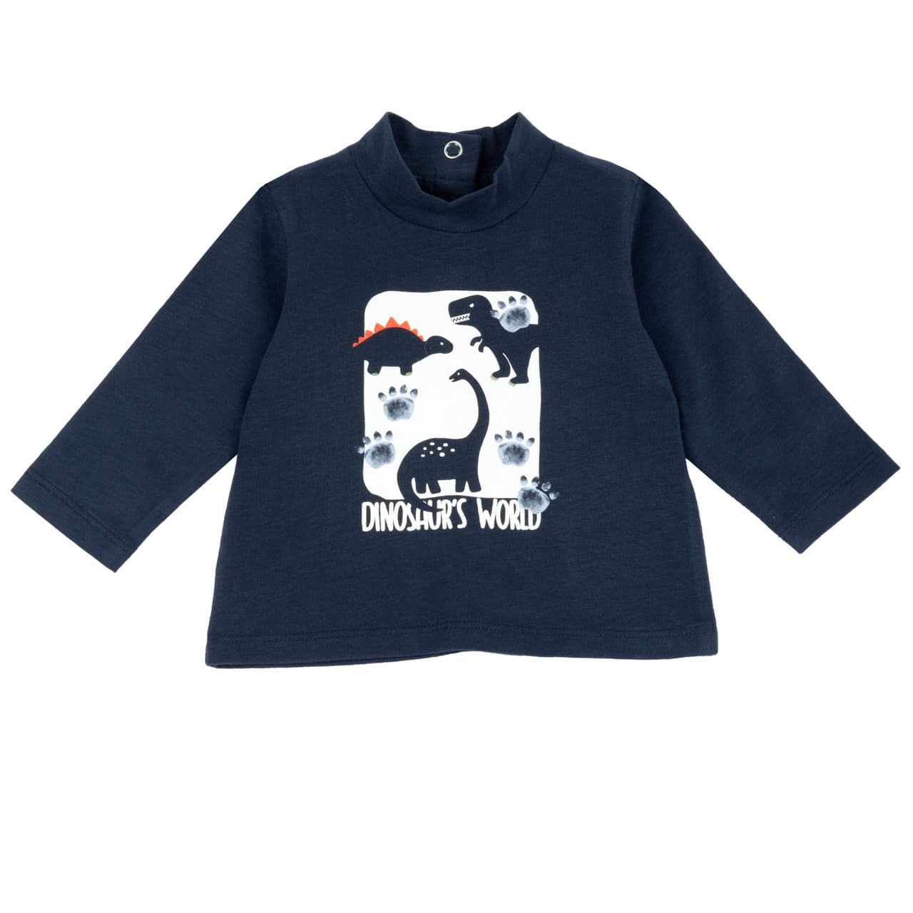 Maglietta Collo Lupetto Manica Lunga | Chicco Maglietta a collo lupetto Chicco blu in jersey di cotone per bambino, con stampa di dinosauri e chiusura con bottoncini automatici. | Chicco