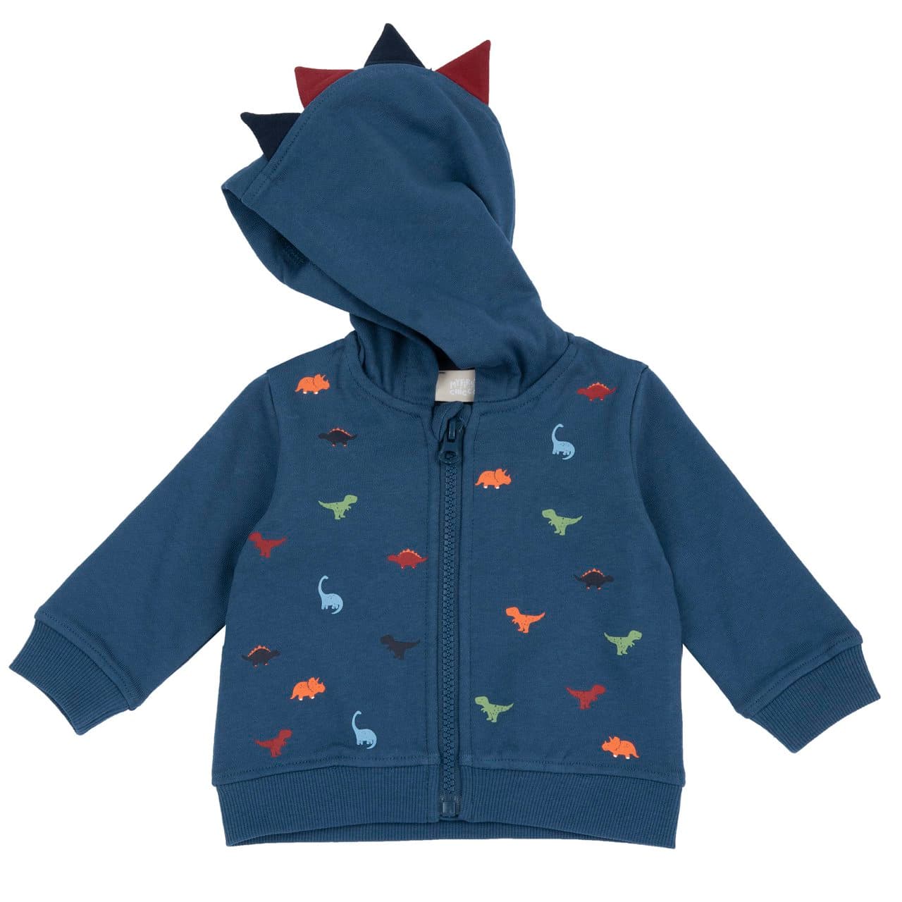 Felpa Con Cappuccio E Zip | Chicco Felpa con cappuccio e zip Chicco blu in felpa garzata per bambino, con stampa di dinosauri colorati e cresta applicata sul cappuccio, certificata Oeko-Tex. | Chicco